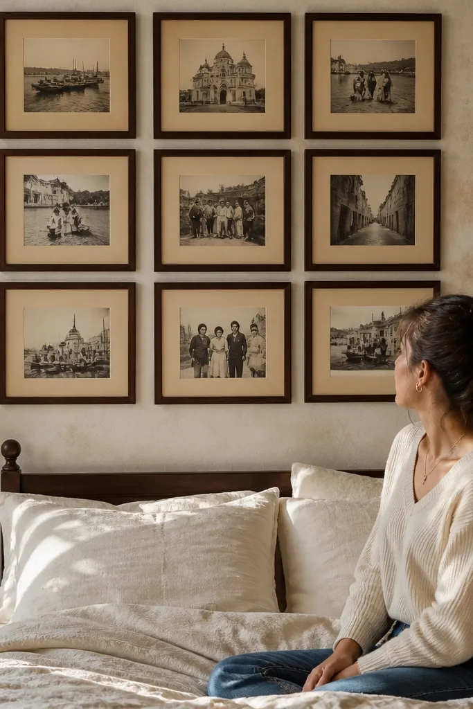 Postcard-style photos with aged paper mats and vintage frames arranged in a collage grid