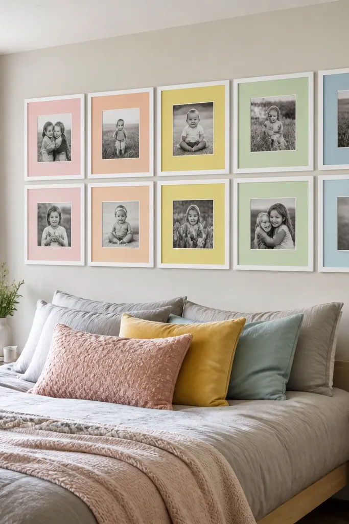 One frame color with different colored mat borders forming a subtle rainbow collage