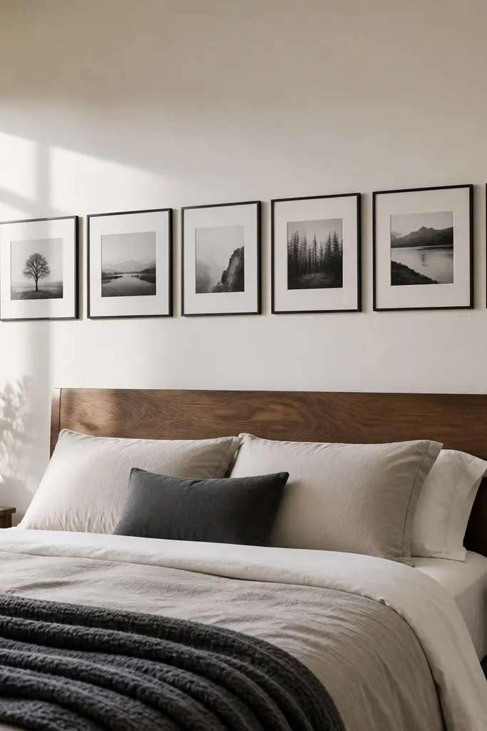 Long horizontal frames lined up in a clean single row with photos inside