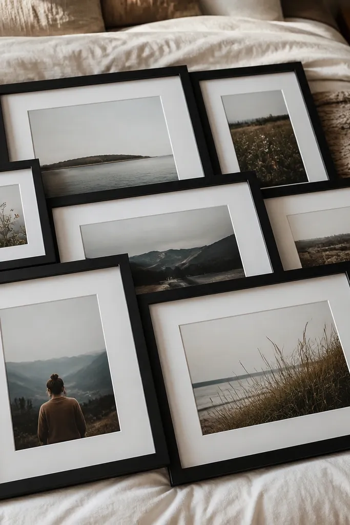 Photos overlapped slightly with frames stacked in a controlled messy arrangement
