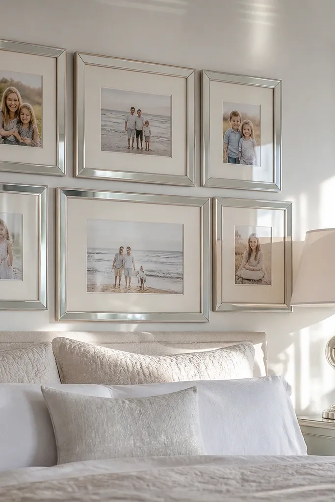 Silver frames with light mats arranged in a bright collage pattern