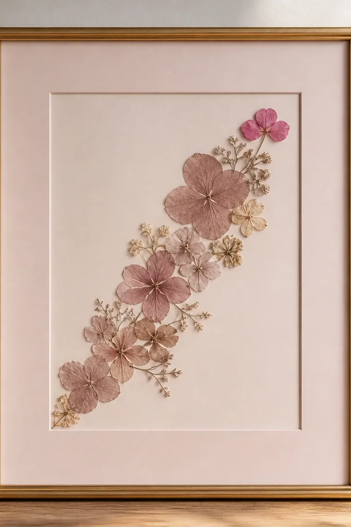 An 8x10 frame with pale blush matte. Pressed flowers form a diagonal line from bottom-left to top-right, mostly dusty rose, with one small hot pink petal cluster at the upper end.
