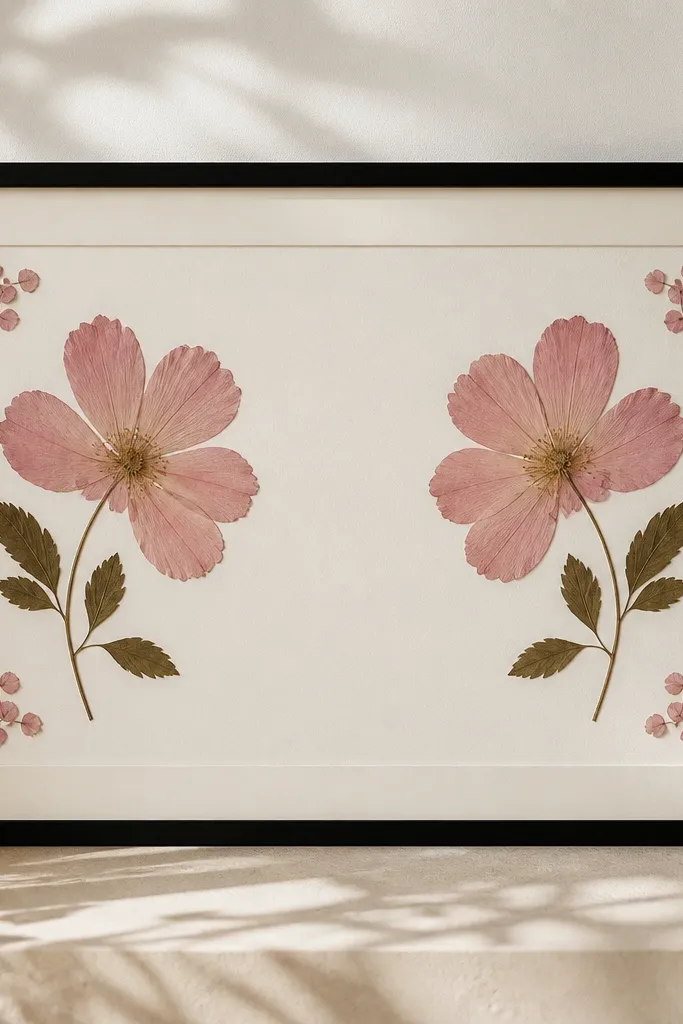 A slim black frame with off-white matte. Two pressed pink blooms mirror each other - one on the left, one on the right - with small filler petals near each corner.