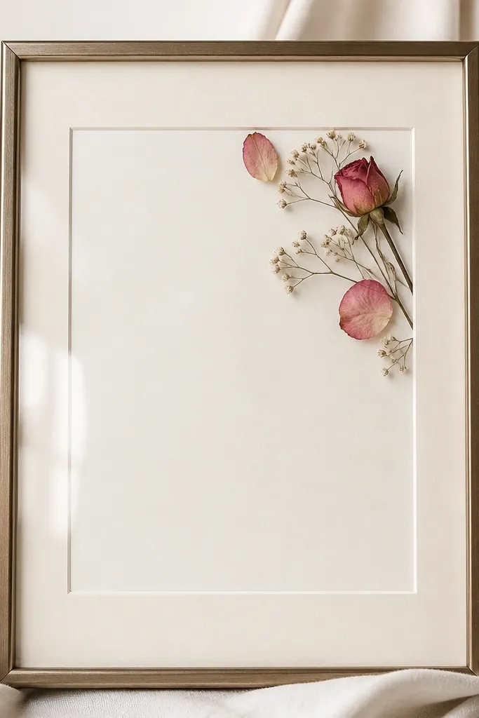 A 5x7 cream matte under glass. Most of the pressed flowers sit in the top-right corner: 1 rosebud, 2 smaller pink petals, and a few thin baby's breath sprigs.