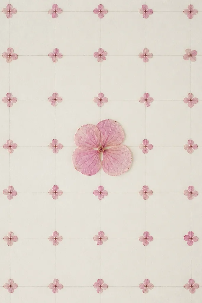 An off-white matte showing a faint grid. Tiny pressed pink petals repeat in small squares, creating a net pattern, with a slightly larger flower in the center.
