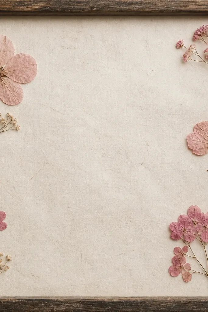 A rustic frame with a cream book-page-like background. Pink pressed flowers sit only at the edges, leaving a lot of visible paper text-like texture in the center.
