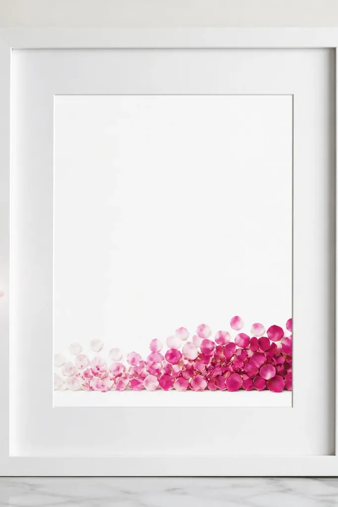 A 8x10 frame with white matte. A row of hot pink petals and small rose fragments forms a confetti-like border along the bottom edge, tapering lighter as it moves left to right.