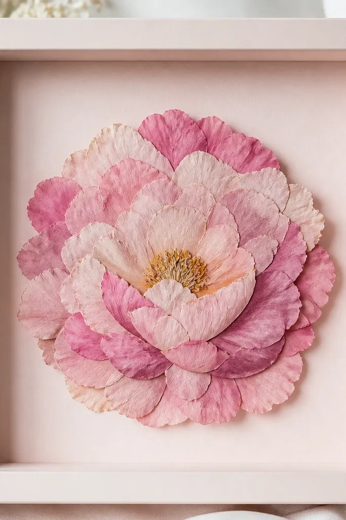A shadowbox-style frame with a pale pink matte. Three layers of pressed pink flowers overlap slightly, creating a peony-like mound in the center.