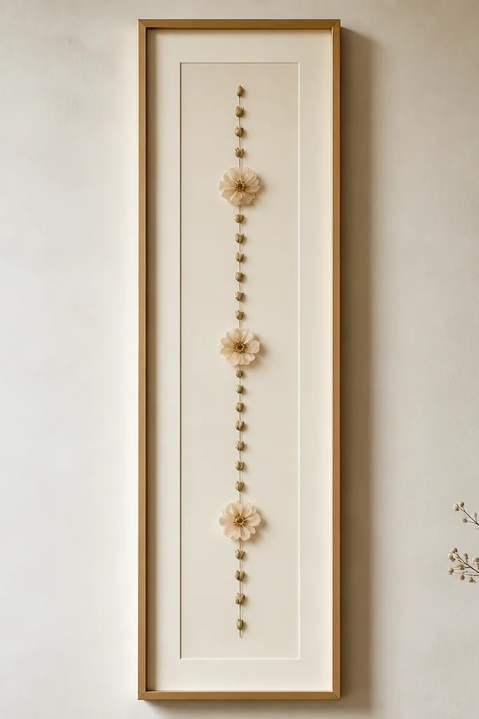 A long vertical frame with cream matte. A line of small pressed buds runs down the center like a timeline, with slightly larger blossoms at three points.