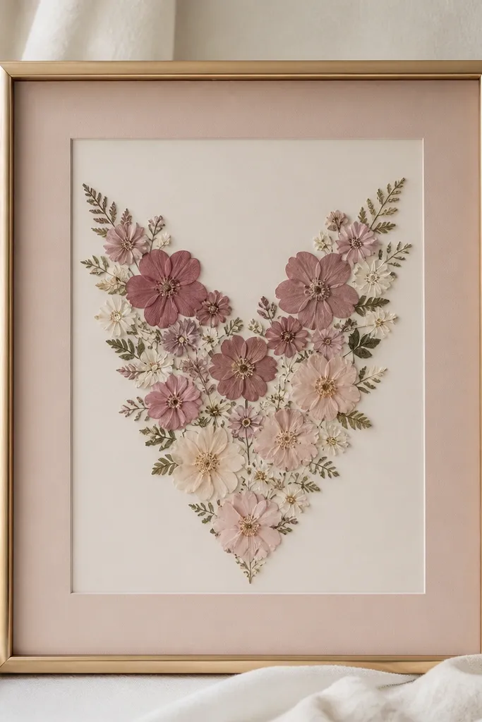 A 5x7 frame with blush matte. Pressed flowers form a V shape pointing downward, with pale blush near the tips and deeper dusty rose closer to the top center.