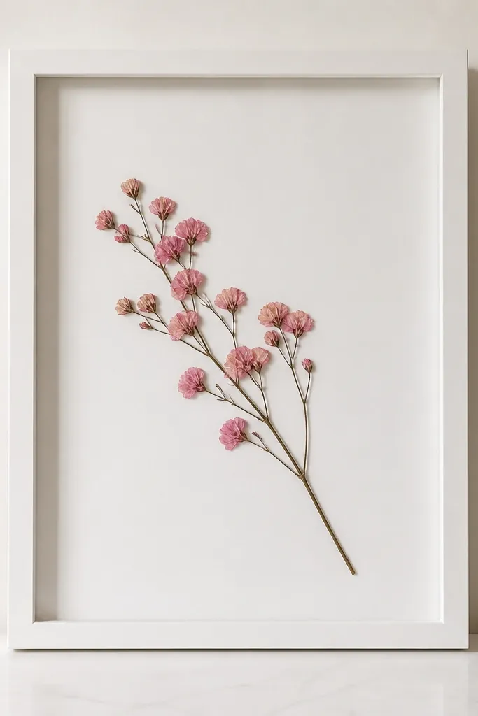 A minimalist frame with white matte and a clear acrylic front. One pressed pink sprig runs diagonally across the center, with a clean border of empty space all around.