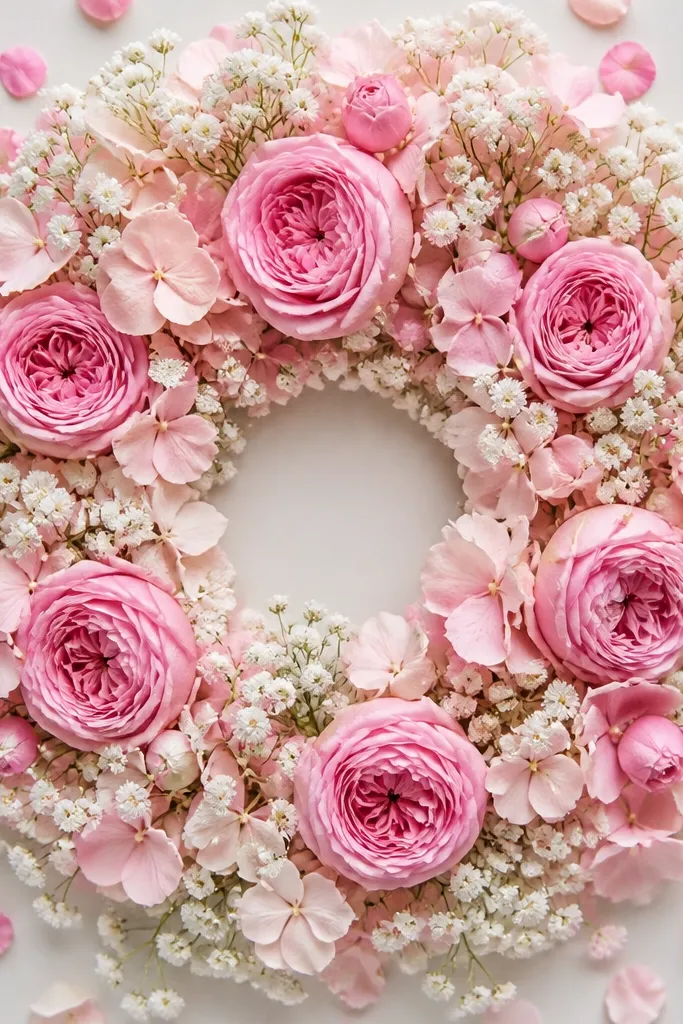 A round wreath-like arrangement in a square frame. Pink flowers form a circle around a small empty center, with baby's breath and tiny rose petals filling gaps.