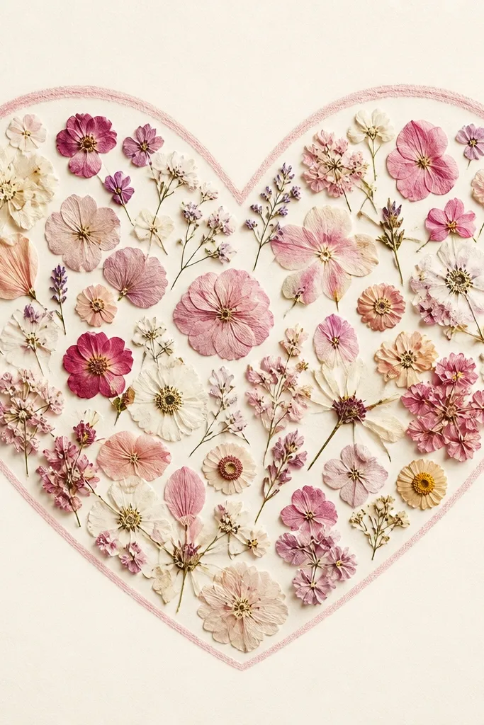 A pink-themed frame with a faint heart outline. Micro pressed flowers fill the heart shape, while the outside area stays plain cream.