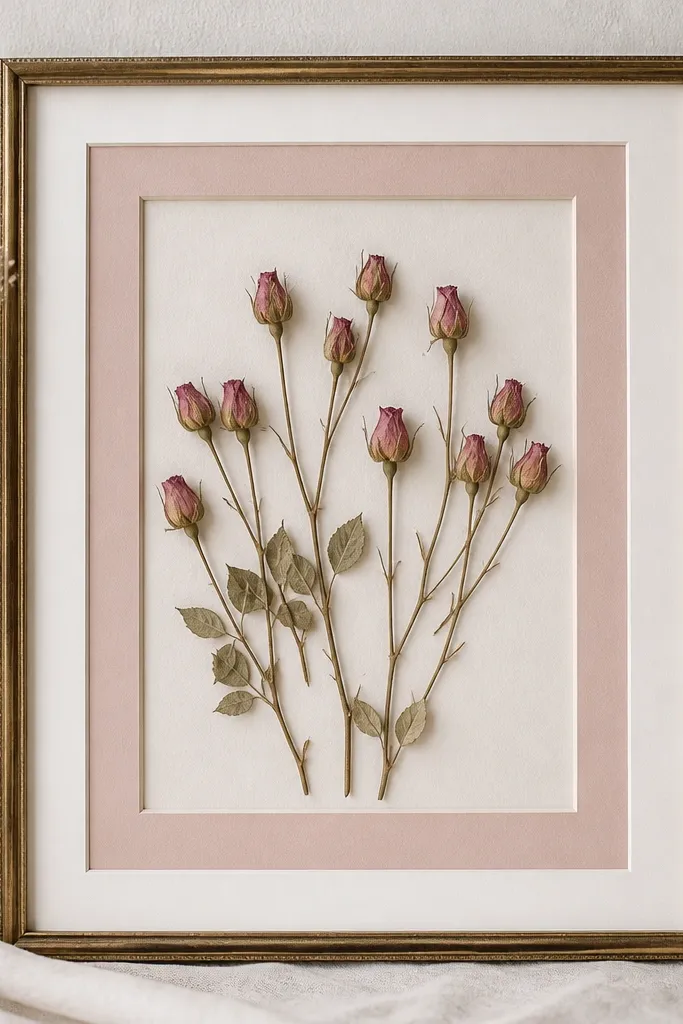 A frame with two mats. Pressed pink rosebuds sit inside the inner mat like a picture within a picture, with a thin outer border of white showing.