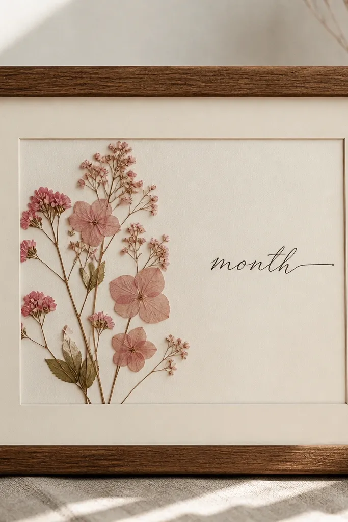 A 5x7 frame with cream matte. Pressed pink flowers sit on the left, and on the right there's neat handwritten month script in dark ink.