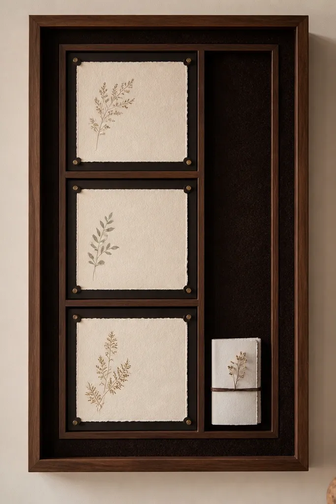 A 24x36 shadow-box wall frame in walnut veneer. Inside, three stacked verse cards sit behind clear acrylic, each in its own inset compartment with thin walnut dividers. The background is dark espresso felt, and one compartment holds a small folded prayer journal page.