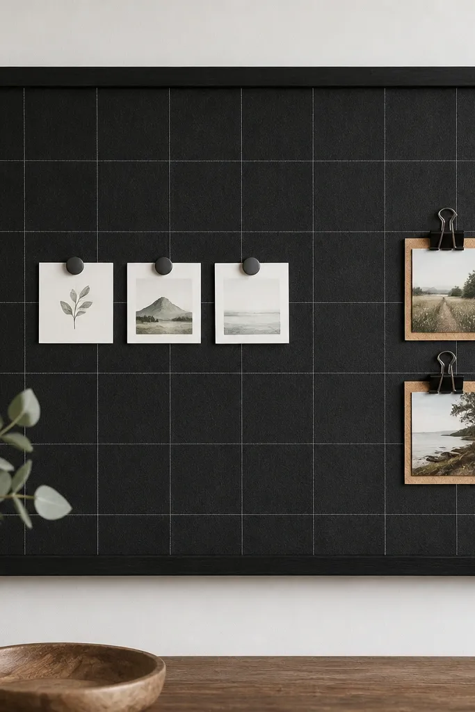 A 20x30 cork board painted matte black with a subtle grid drawn in thin white lines. A single row of three magnets holds small square verse cards. On the right, two cork-backed photo tabs hang from black binder clips.