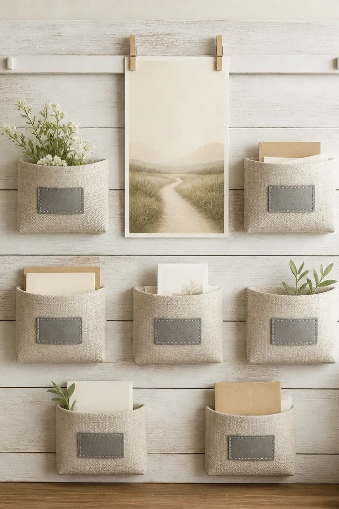 A 24x30 board made from horizontal whitewashed wood slats. Several small linen pockets hang from the slats like shallow envelopes, each with a stitched label in gray. A single long prayer card is clipped along a top rail with natural wood clothespins.