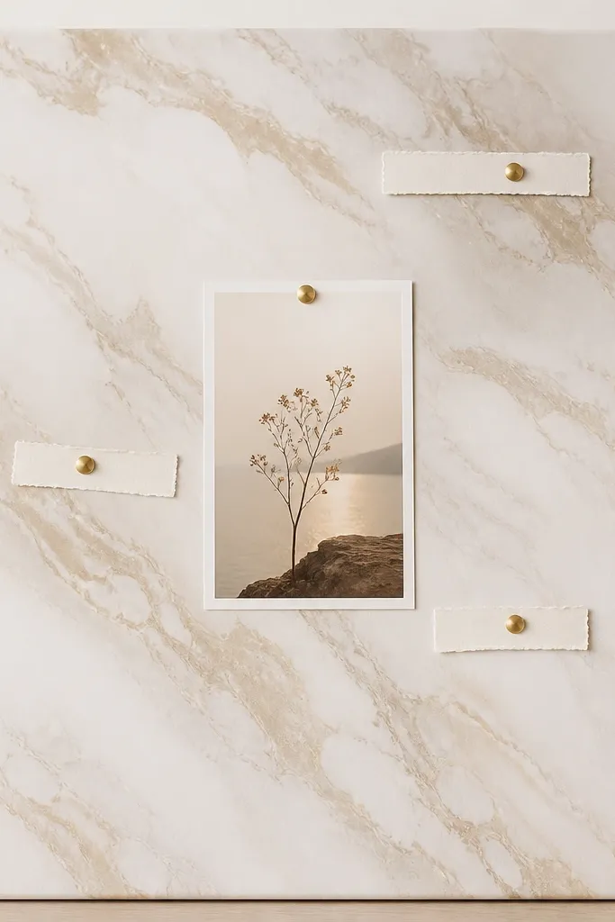 A 16x20 board with a faux marble finish in creamy white and pale taupe swirls. The center has one gold pushpin holding a printed prayer card in a white frame. Around it, a few tiny gold pushpins hold thin strips of paper with handwritten notes.