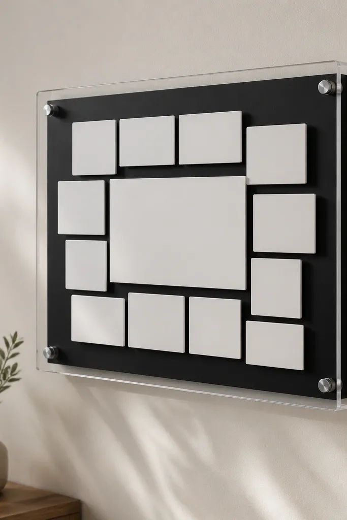 A clear acrylic frame mounted on the wall with a black backing panel. Inside, several magnetic tiles (white with black text) are arranged in a staggered but aligned pattern. One tile is larger, centered, and reads like a main verse.
