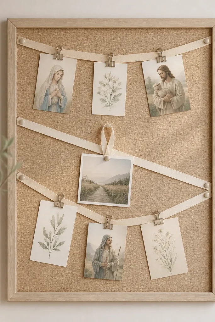 A 20x30 cork board with a pale cork tone. Across the top and diagonally are soft cream fabric ribbons pinned to the cork. Prayer cards clip to the ribbons using small silver binder clips, and a single photo hangs from a ribbon loop.