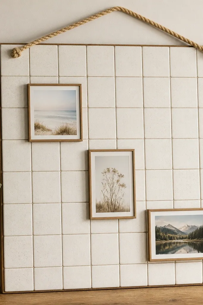 A 24x30 board made from small off-white ceramic tiles arranged in a grid on a wooden backing. The tiles have subtle speckles. A thick natural rope hanger crosses the top, and three small framed verse pieces sit on the tiles with removable adhesive mounts.