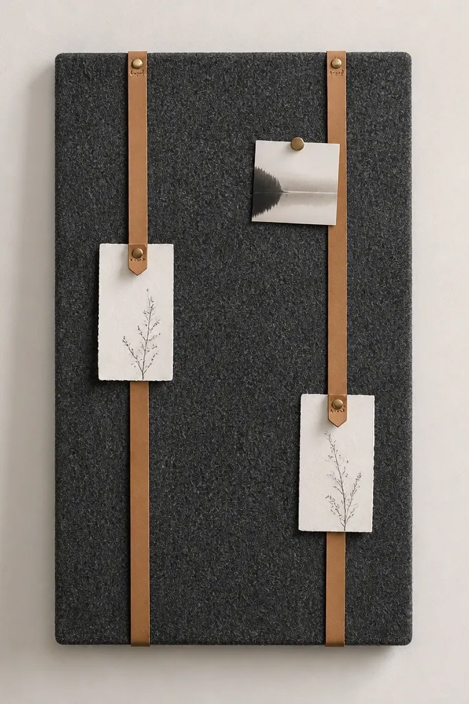A 20x30 charcoal felt board with two tan leather straps mounted vertically. Small leather clip ends hold thin verse cards. The background is plain, and there is one round brass pushpin at the corner of a tiny photo.