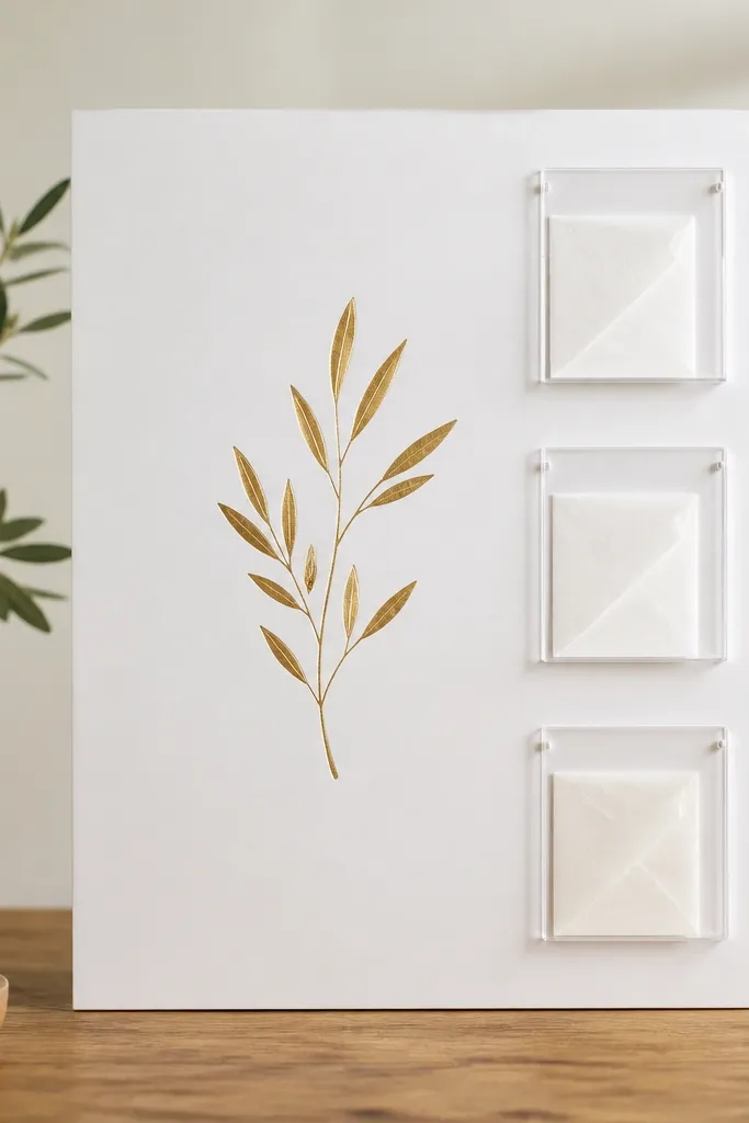 A 16x20 matte white panel with gold foil vinyl lettering at the center. Around it are three small square pockets made from clear acrylic with a white backing. Each pocket holds a folded prayer note, visible through the clear plastic.