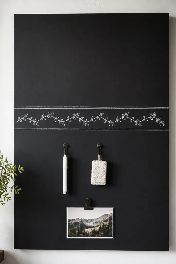 A 20x30 board painted in matte blackboard paint. A white chalk verse strip runs horizontally at mid-height with neat handwriting. Two small hooks hold a chalk pen and an eraser, and a small clip holds a laminated photo at the bottom.