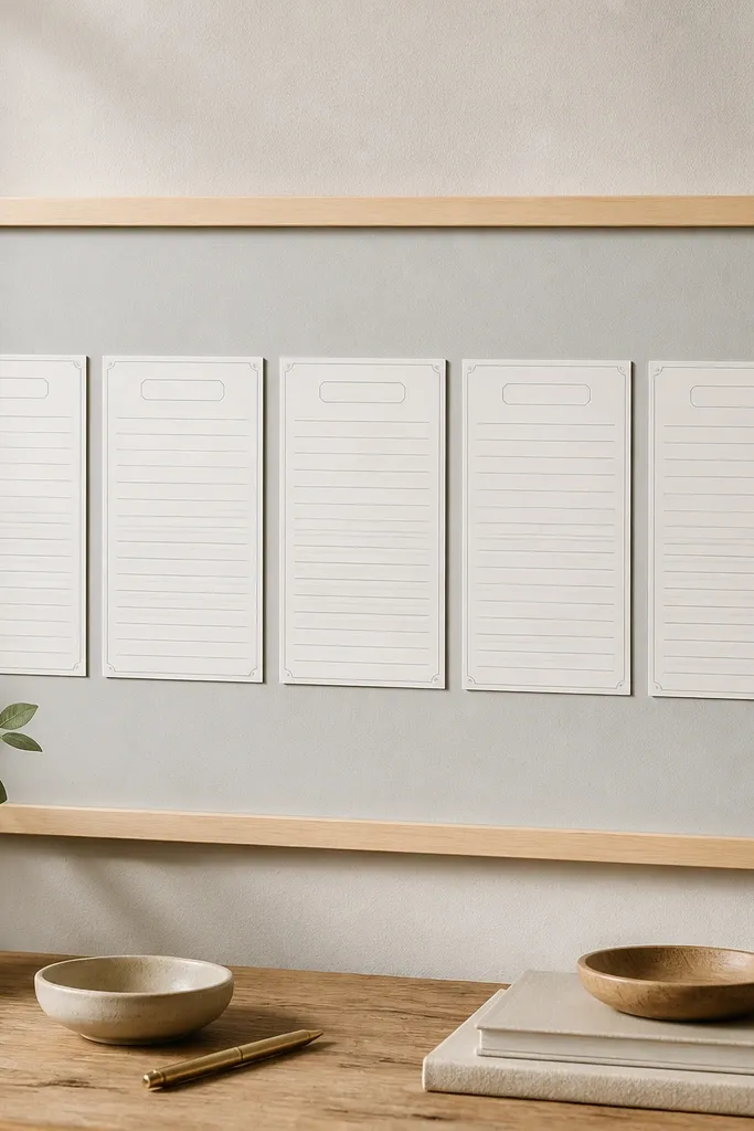 A 22x30 maple wood-framed board with a pale gray backing paper. Inside, five lined card inserts sit in a neat row like mini notebooks. Each insert has a thin border and a small header label in gray ink.