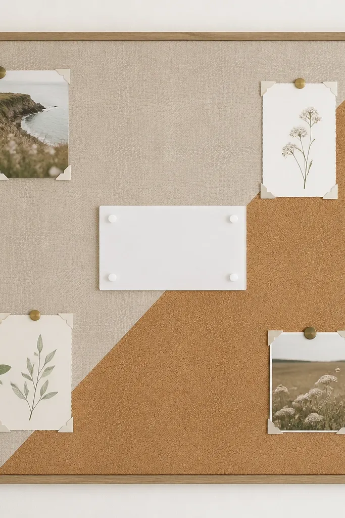 A 20x30 board split diagonally: top-left is textured beige linen, bottom-right is cork. Four corner magnets hold small photo corners and verse cards. A single white acrylic label sits in the middle.