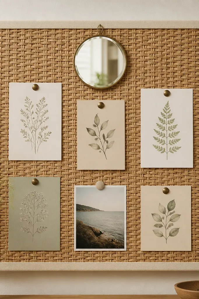 A 24x24 woven rattan panel mounted on a cream backing. Several verse cards are pinned with antique brass pushpins at consistent heights. A small round mirror sits at the top center, and a single photo is pinned with a fabric-wrapped thumbtack.