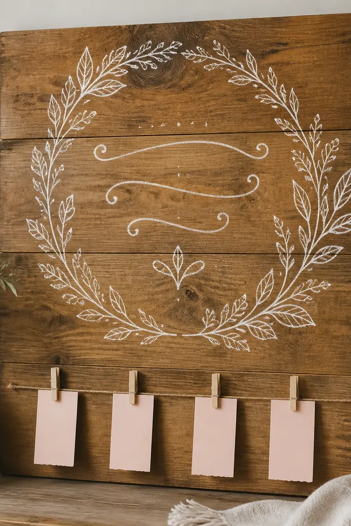 A 18x24 reclaimed wood panel with a honey finish. The center has a hand-lettered chalk verse in white. Along the bottom edge, four small clothespins clip mini prayer notes, each note in a pale pink strip.