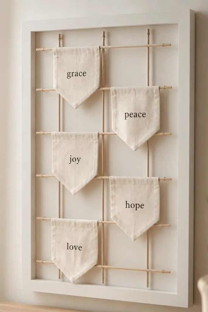A 20x30 matte white framed board with a grid of thin dowels. From the dowels hang five small fabric mini banners made from off-white muslin. Each banner has one short word in black ink, and the banners sway slightly from loops.