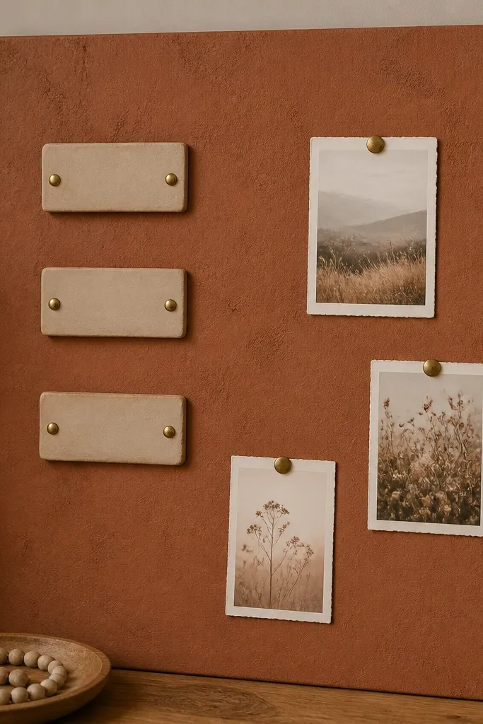 A 16x20 board covered in warm terracotta textured paint. Three small rectangular clay labels are mounted with brass screws, each label holding a short prayer category. A few verse cards are pinned nearby with brass thumbtacks.