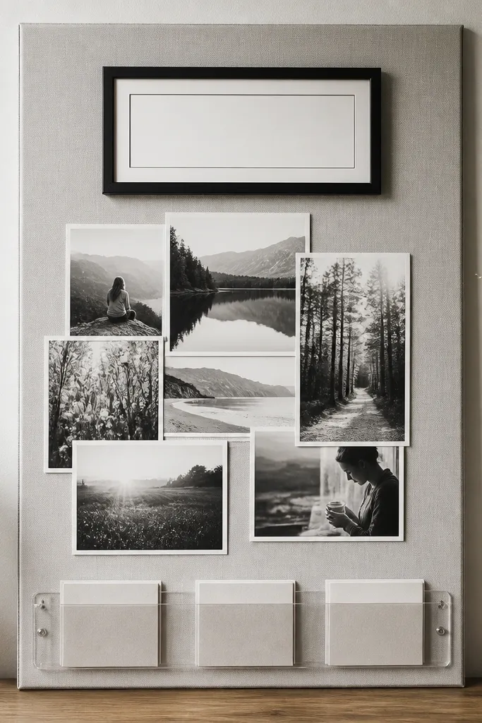A 20x30 board with a light gray backing and a monochrome photo collage in the center. Along the bottom is a clear acrylic pocket strip holding three folded prayer notes. The top has a single black frame with a typed verse.