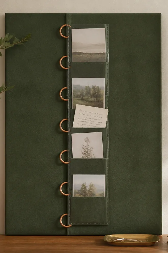 A 24x30 green velvet board with a deep sage tone. At the center is a vertical line of copper rings holding card sleeves. Several cards slide into the sleeves, and a small handwritten prayer is tucked into one sleeve.