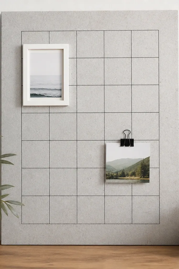 A 20x30 board covered in stone-effect contact paper with pale gray and faint speckles. Thin black lines draw a rectangle grid in the center. Only two items are added: a small white-framed verse and a single black binder clip holding a card.