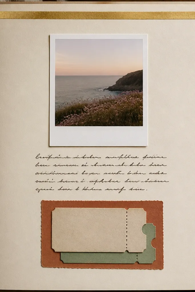 A scrapbook spread on cream cardstock. Two stacked ticket stubs sit on a terracotta mat. A small polaroid-style photo is centered above the tickets. Handwritten journaling lines run under the photo in dark brown ink. Thin gold washi tape frames the top edge.
