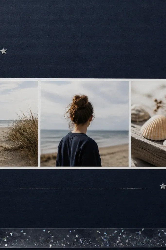 A navy background page with a wide photo strip across the middle. Small silver star stickers are scattered lightly around the corners. A thin line of silver gel pen underlines the journaling. The bottom has a narrow band of clear acetate with faint shimmer.