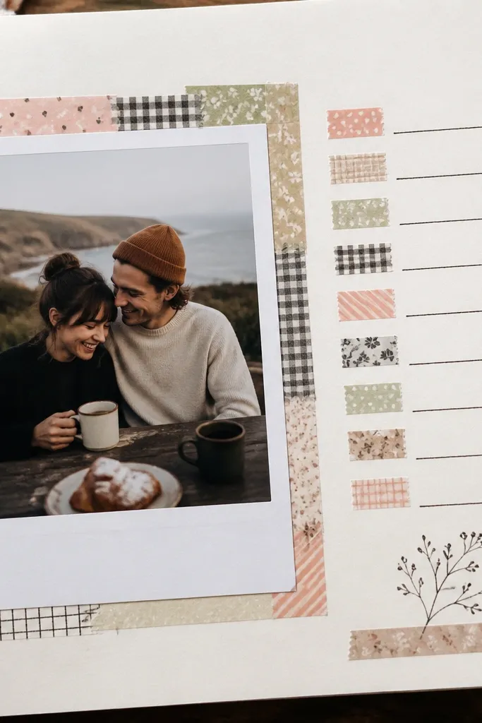 A scrapbook page with a large polaroid-style photo. Around the photo edges is a thin border of mixed washi tape strips. On the right side, a checklist of date memories is written in black pen with small washi tabs marking each line.