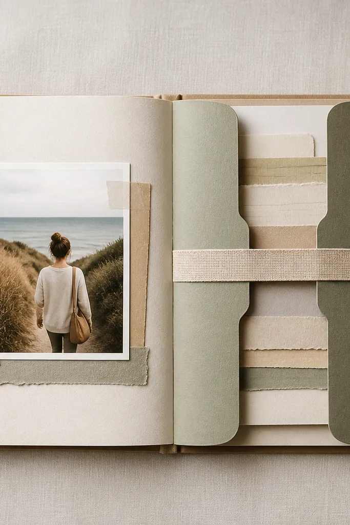 A scrapbook spread with a large folded paper insert on the right side like a ticket window. Inside are strips of journaling that look like messages. The left side has a photo with a simple caption. There's a belly band holding the foldout closed.