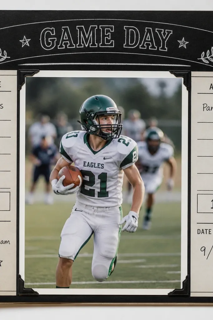 A scrapbook page styled like a sports scoreboard. A big photo sits in the center. Two columns on the sides show handwritten scores and date details. At the top, there's a header made from black cardstock with white gel pen.