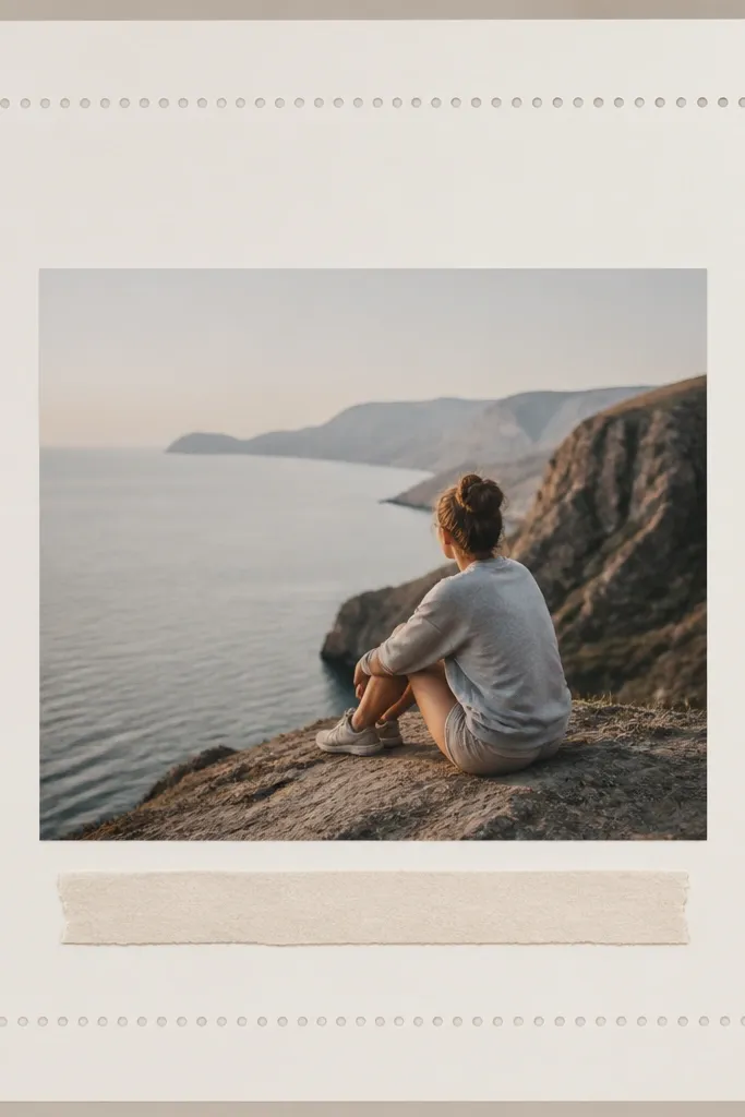 A page with a matte-finish photo in the center. Around it, a clean outline frame is made from small sticker dots or outline stickers. The corners have tiny accent stars. Journaling is on a thin strip below the photo.