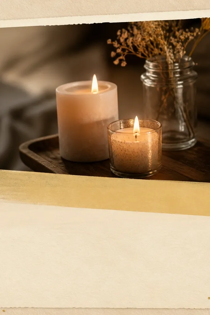 A warm-toned page with a soft yellow washi tape band across the middle. The main photo shows candlelight. The tape edges fade diagonally like a gradient. Journaling is written in cream card beneath the photo, and there are tiny gold dots around the corners.