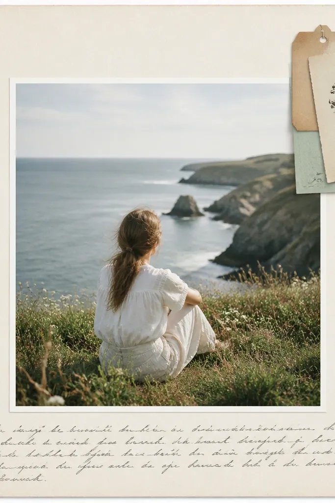 A page where a small tag sits in the top-right corner. The tag has layered stickers and a small rubber-stamp icon. The main photo is centered with a mat. Journaling is written along the bottom edge.