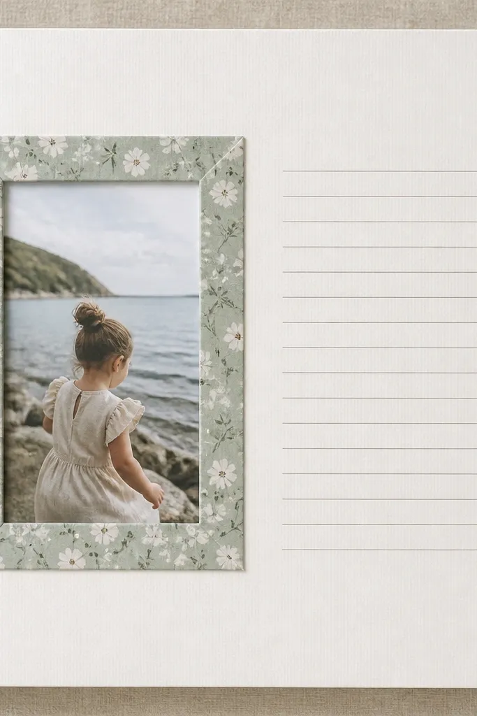 A page with a rectangular clear acetate window on the left. Behind the acetate, a small photo is visible. The window has a frame made of patterned paper. Journaling sits on the right in a clean block.