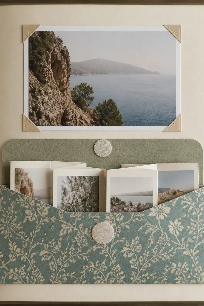 A page with a horizontal pocket made from patterned paper. Inside is a folded mini zine with multiple small panels. A photo sits above the pocket. The pocket opening has a flap held by a small button or velcro dot.