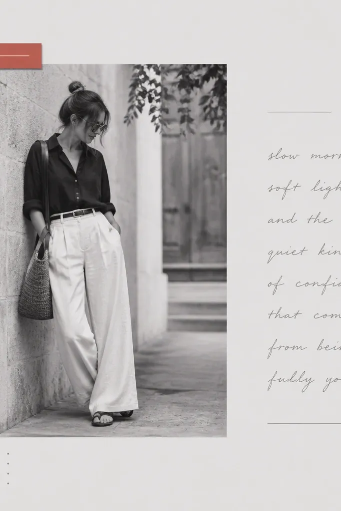 A monochrome page with a black-and-white outfit photo. The background is light gray. A small colored tag (teal or red) sits near the photo with a short label. Journaling is in gray ink, and there are minimal lines and dots.