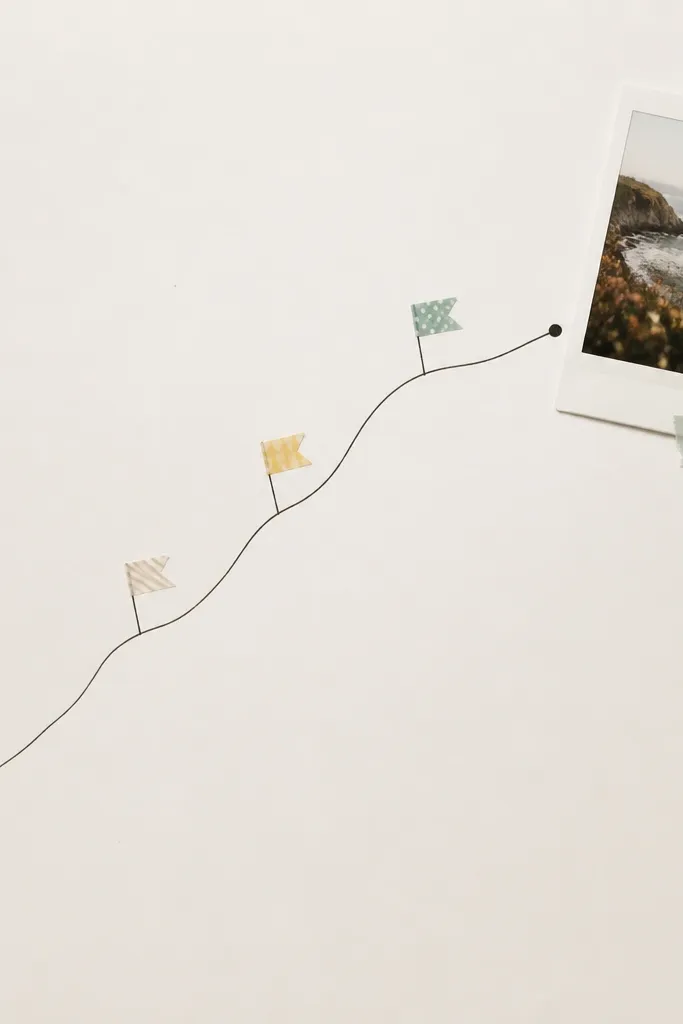 A page with a blank off-white background. A hand-drawn route line (thin black ink) runs diagonally across the page. Small washi tape flags mark distances along the route. A photo sits at the end of the route with a label beside it.